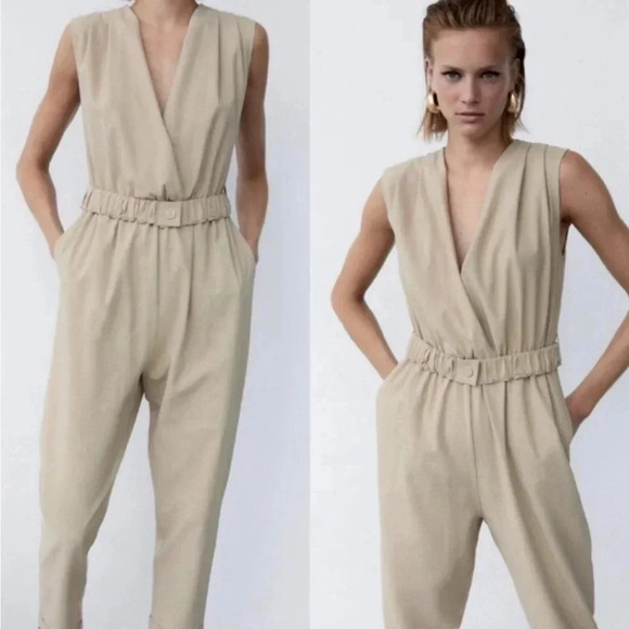Zara Jumpsuit Size Medium Poly Linen Blend Tan One Piece Belted Deep V Neck - Picture 1 of 9